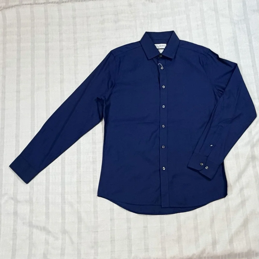 Bill Blass Traveler Shirt Men M Blue NWT Royal Oxford Slim Fit Stretch Button Up
